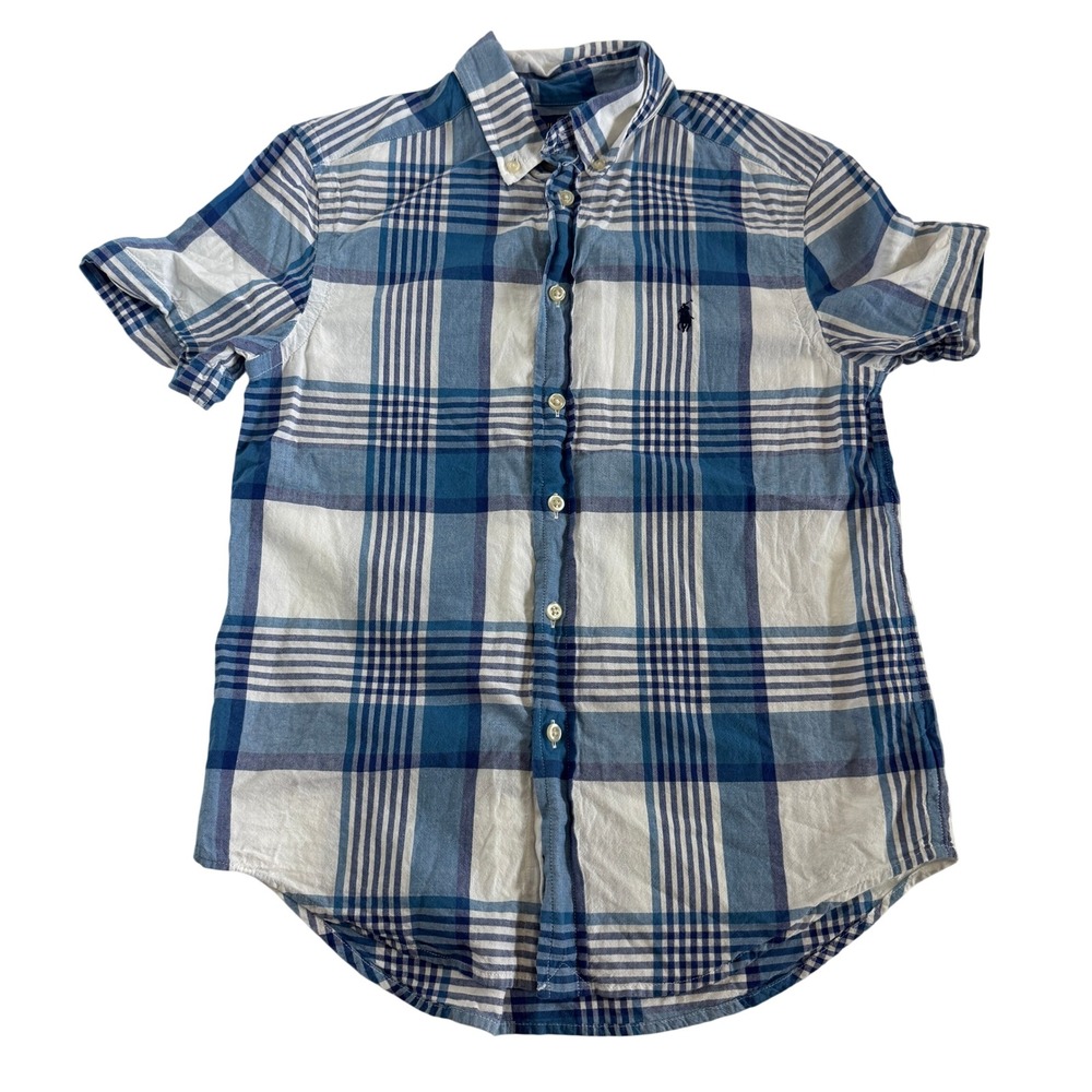 Ralph Lauren Boys Blue White Plaid Short Sleeve Button Down Shirt Size M 10-12